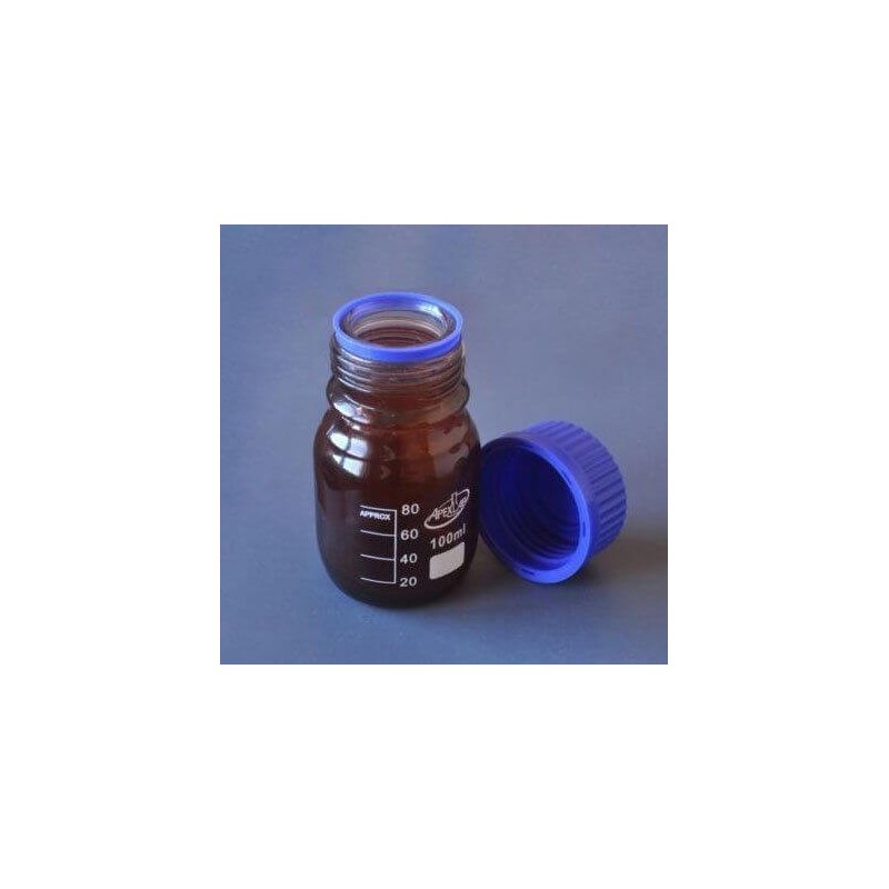 Бутыль 100 мл 45х100х55, темное стекло , с синей закручивающейся крышкой, градуированные (1407-1)