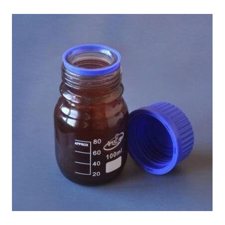 Бутыль 100 мл 45х100х55, темное стекло , с синей закручивающейся крышкой, градуированные (1407-1)